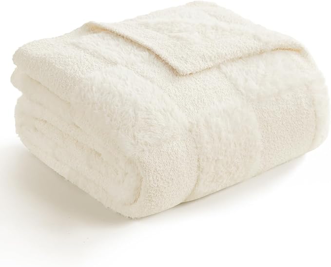 Snuggle Sac Checkered Throw Blanket Faux Fur Microfiber Blankets for Couch,Cozy Soft Warm Blanket for Sofa Bedroom Living Room,Solid Ivory,50x60 inches