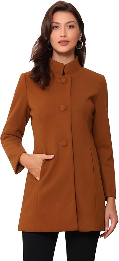 Allegra K Women's Winter Overcoat Mid-Long Stand Collar Single Breasted Coat Outerwear