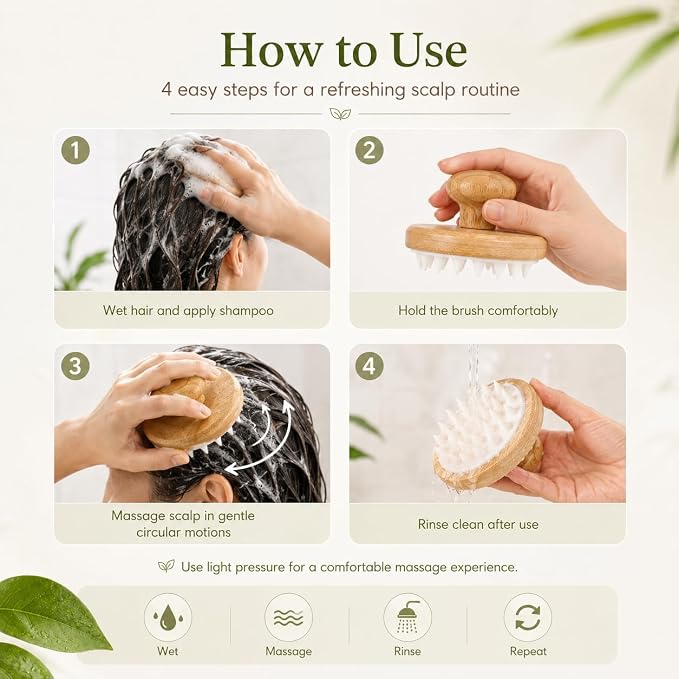 FOMIYES Bamboo Wooden Scalp Massage Brush Hair Wash Scrubber for Deep Scalp Cleaning and Dandruff Removal Comfortable Shampoo Massager for Daily Hair Care