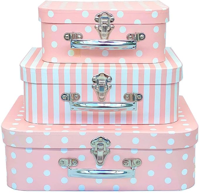 Paperboard Suitcases Set of 3 Decorative Boxes, Compatible with Barbie Storage Organizer, Doll Clothes, Toys, Photos, Accessories, Hat, Cute Storage Gift Boxes for Kids Girls Home Decoration