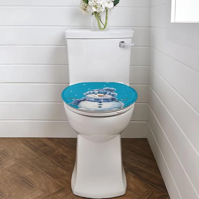 Blue Snowman Toilet Seat Cover,Elastic Edges Toilet Seat Covers for Xmas Bathroom Decoration Accessories,Machine Washable
