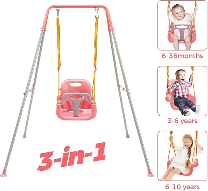 FUNLIO Toddler Swing with Foldable Metal Stand for Toddlers Aged 1~10 Years, 3-in-1 Baby Swing Set with 4 Sandbags for Backyard/Indoor/Outdoor Play, Easy to Assemble & Store, Pink