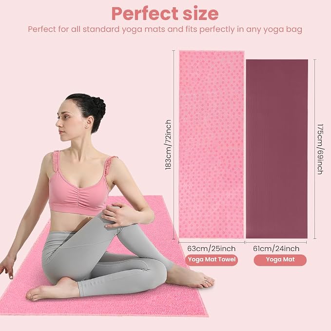 flintronic Yoga Towel, Yoga Mat Towel with Grip Dots, Microfiber Yoga Blanket Towels, Soft & Breathable, with Quick Dry Towels and Mesh Carry Bag, for Bikram, Pilates and Workout, 24" x72", Pink