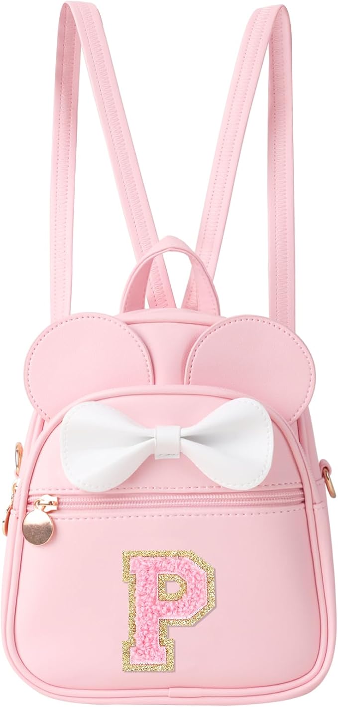 Personalized Toddler Backpack for Girls 3–10, Cute Mini Bowknot Mouse-Ear Toddler Bookbag Crossbody Purse, Small Daypack Wallet Set, Initial Birthday Gift, Trendy Little Kids/Teen Bag(Pink,P)