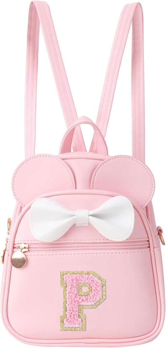 Personalized Toddler Backpack for Girls 3–10, Cute Mini Bowknot Mouse-Ear Toddler Bookbag Crossbody Purse, Small Daypack Wallet Set, Initial Birthday Gift, Trendy Little Kids/Teen Bag(Pink,P)