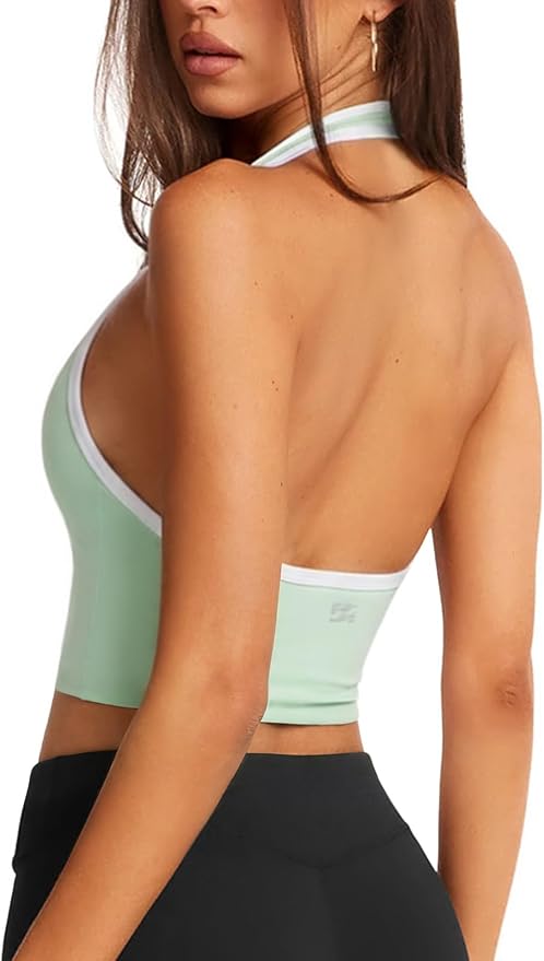 Halter Workout Top for Women: Open Back Sports Bra Color Block Tops with Built in Bra Yoga Gym Crop