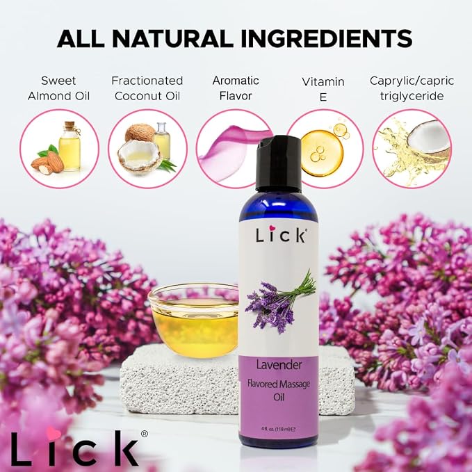 Lick Lavender Massage Oil – Calming Aromatherapy Massage Oil with Sweet Almond Oil & Vitamin E, Relaxing Floral Scent for Stress Relief & Couples Massage, 4 oz