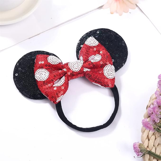 JIAHANG Mouse Ears Sequin Bow Nylon Hairband with Polka Dot, Hair Bow Headband, Soft Elastic Headwear for Baby Girl Newborn Toddler, kids, Party Supplies