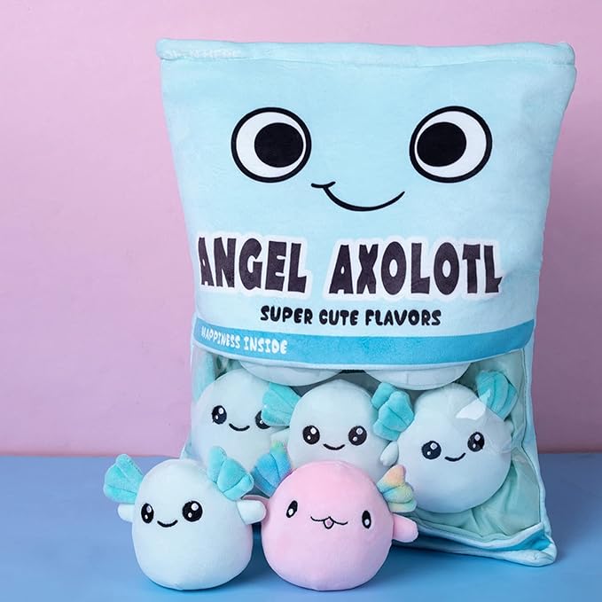 REFAHB Cute Axolotl Plush Toy, Removable Salamander Animal Stuffed Plush Pillow, Kawaii Plush Cushion Toy Game for Kids, Girls, Birthday Gift (6pcs a Bag, Blue)