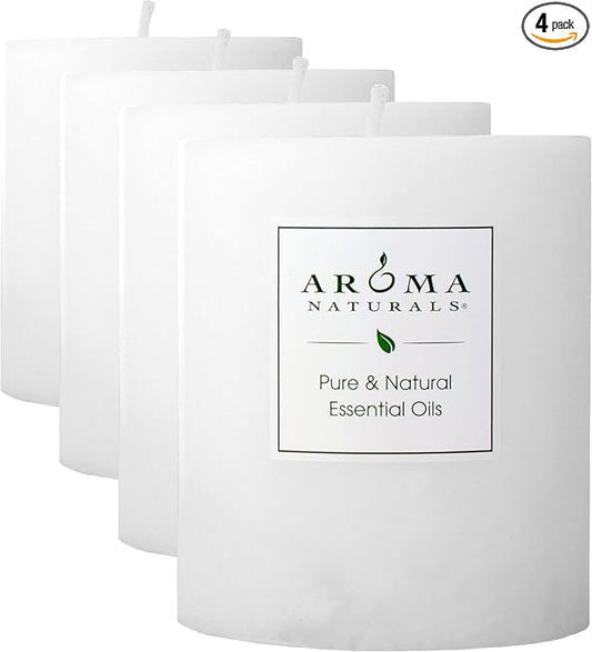 Aroma Naturals Patchouli and Frankincense Essential Oil White Scented Pillar Candle, Meditation, 3 inch x 3.5 inch (Pack of 4)