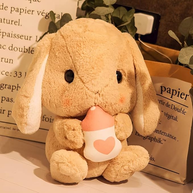HOUPU Soft Toy - Sitting Lop Eared Rabbit, Easter White Rabbit Stuffed Bunny Animal with Carrot Soft Lovely Realistic Long-Eared Standing Pink Plush Toys (Brown-Milk Bottle,25.5in/65cm)