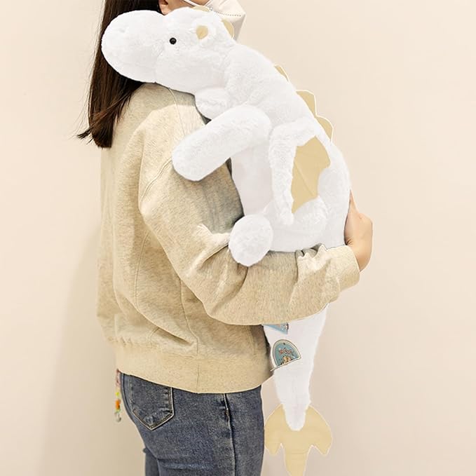 ARELUX Large 37in Cute Dragon Stuffed Animals Plush Toy Soft White Pterosaur Plushie Giant Fuzzy Dinosaur Pillow Plushies with Gold Wings Cuddly for Friends Family Member