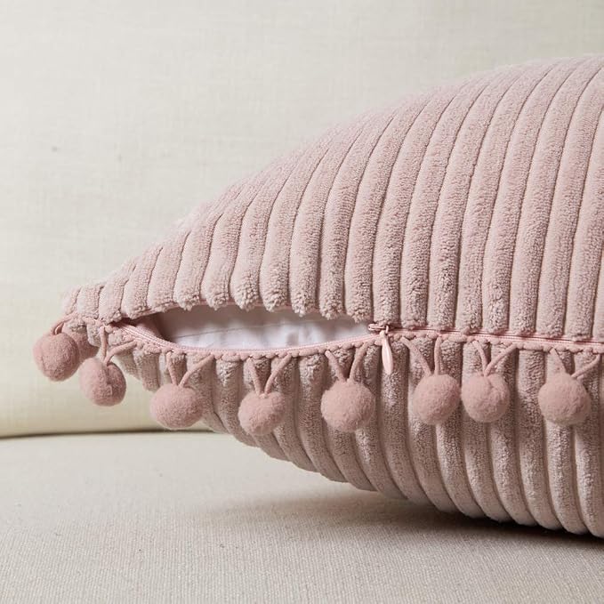 Fancy Homi Set of 2 Blush Pink Decorative Throw Pillow Covers 14x14 Inch with Pom-poms for Couch Bed Sofa, Modern Farmhouse Boho Home Decor, Soft Plush Corduroy Cute Cushion Case 35x35 cm
