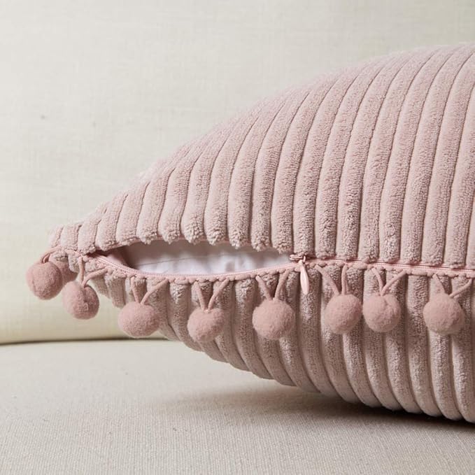 Fancy Homi Pack of 2 Decorative Throw Pillow Covers 20x20 with Pom-poms, Soft Corduroy Solid Square Cushion Pillow Cases Set for Couch Sofa Bedroom Car Living Room (20x20 Inch/50x50 cm, Blush Pink)