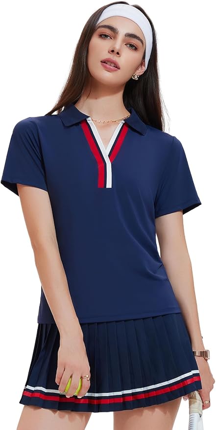 Women 2 Piece Tennis Skirt Set Pleated Golf Outfit, Polo V-Neck Athletic Dress Alternative Skort Set for Pickleball Pockets