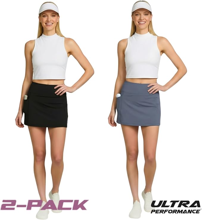 Ultra Performance Womens Golf Skirt 2 Pack Women’s Tennis Skort with Compression Liner Athletic Skirts for Women with Pockets