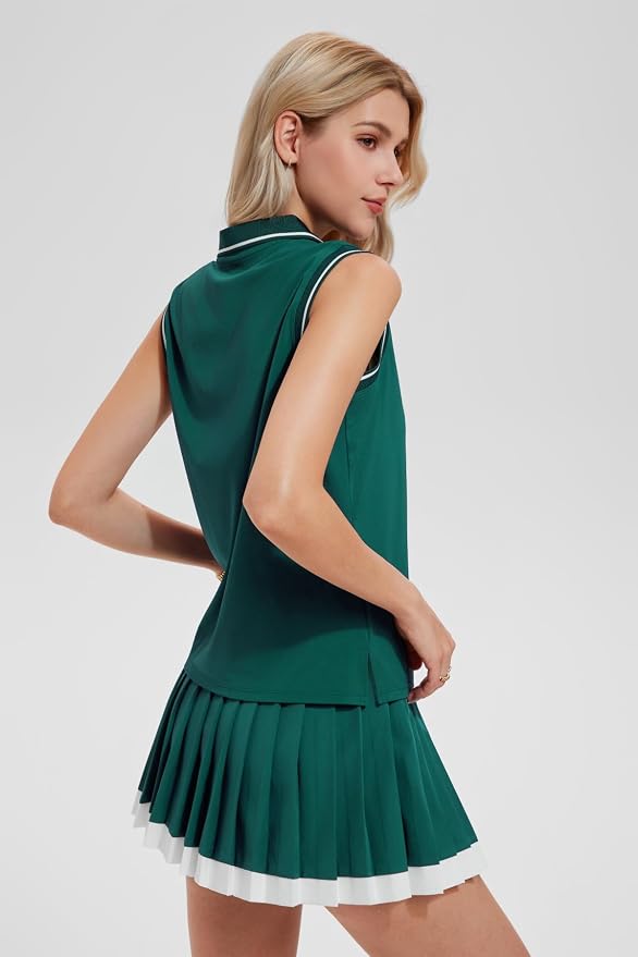 AFZ Tennis Outfits Polo Top and Color Blocked Pleated Tennis Dress Golf Outfits for Women Athletic Dress with Shorts