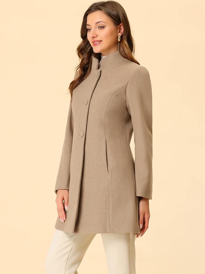 Allegra K Women's Winter Overcoat Mid-Long Stand Collar Single Breasted Coat Outerwear
