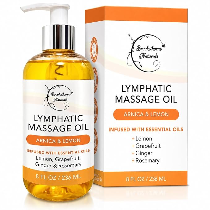 Lymphatic Massage Oil for Massage Therapy | 100% Natural Lymphatic Drainage Oil | Premium Quality with Arnica, Lemon & Ginger | for Post Surgery Recovery & Detox | 8oz by Brookethorne Naturals