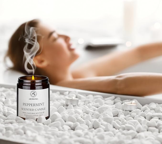 Scented Candle Peppermint - Soy Wax Candles with Essential Oil - Aromatherapy Candle - Soywax 150g - Up to 45 Hours Burn Time - Home Scented Candles - Glass Candle Gift