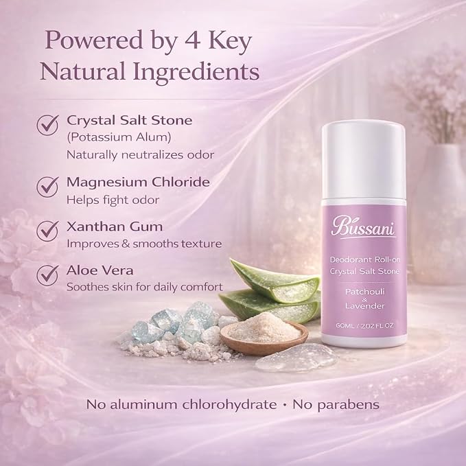 Bussani Women's Roll-On Deodorant – 24H Fresh Odor Protection, No White Marks, Gentle on Skin, Aluminum & Baking Soda Free, Crystal Salt Stone, Patchouli Lavender, 2.02 oz