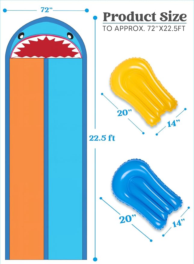 Sloosh Shark Double Water Slide, 22.5ft Heavy Duty Lawn Water Slip with Sprinkler Slide and 2 Slip Inflatable Boards for Party Summer Yard Lawn Outdoor Play Activities