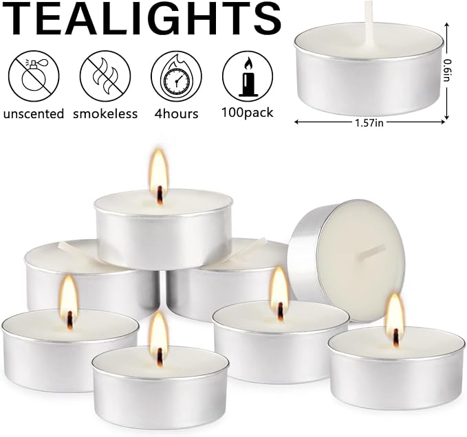 Unscented Tealight Candles, 100 Pack Bulk Tea Lights, 4 Hours Long Burning, Smokeless White Votive Candles for Home Décor, Wedding, Party, Spa, Emergency, Holiday & Everyday Use | Mini Candles Bulk
