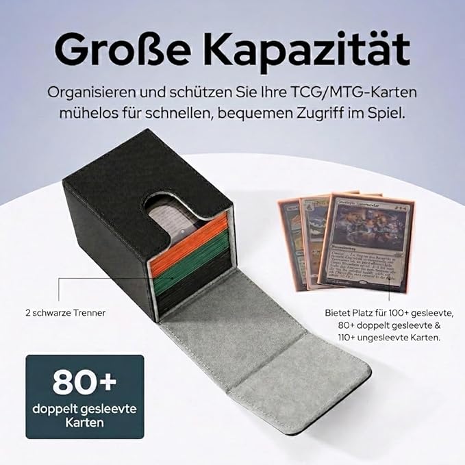 Card Deck Box for MTG Commander – Fits 100+ Single Sleeved Cards, Strong Magnet Deck Case for Magic: The Gathering, Premium PU Leather Storage for TCG CCG (Black)