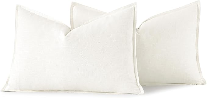 MIULEE Decorative Linen Lumbar Pillow Covers 12x20 Inch Cream White | Boho Farmhouse Neutral Couch Throw Pillows for Bed, Pack of 2 Accent Modern Pillowcases, Sofa Livingroom Home Decor