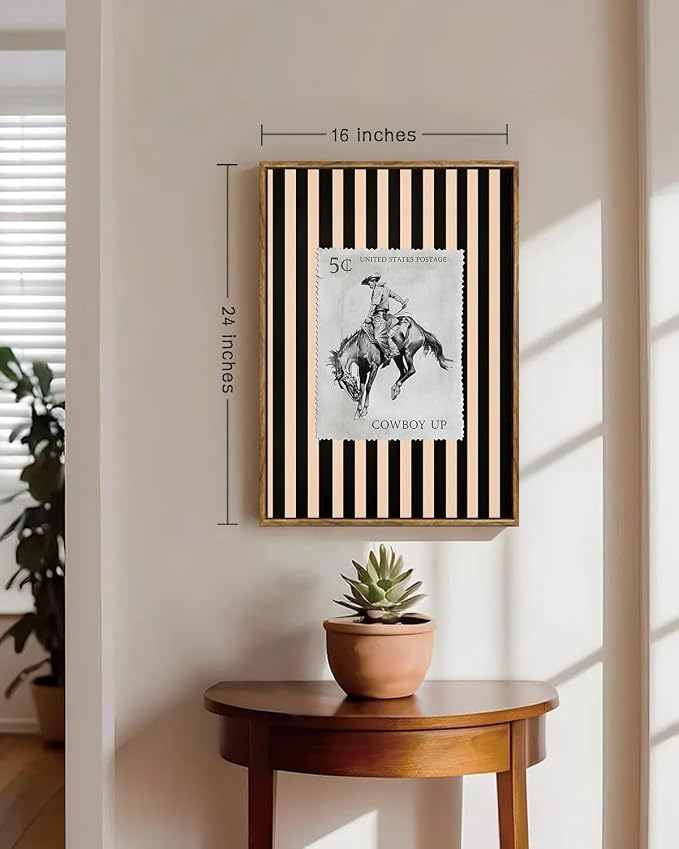 ZZLWBKGL Western Wall Decor Cowboy Canvas Art Vintage Framed Wall Art | Farmhouse Striped Artwork Retro Country West Stamp Picture Bucking Bronco Paintings for Living Room Bedroom 16x24in