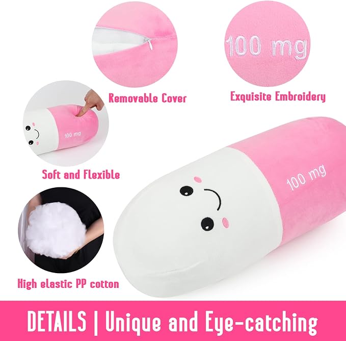 Sexysamba Pill Pillow Neck Roll Pillow Cute Preppy Room Decor Chill Pillows with Washable Cover, Funny Aesthetic Trendy Gift Throw Pillows for College Dorm Teenager Y2K Teacher Doctor Nurse (Pink, M)