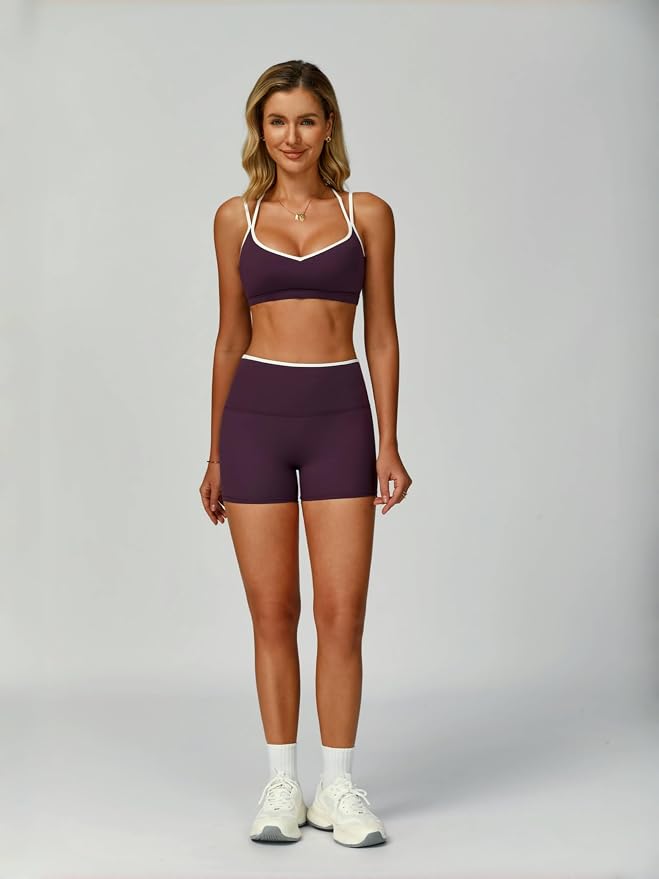 ABOCIW Workout Sets for Women 2 Piece Color Block Strappy Sports Bra High Waist Shorts Gym Yoga Pilates Outfits