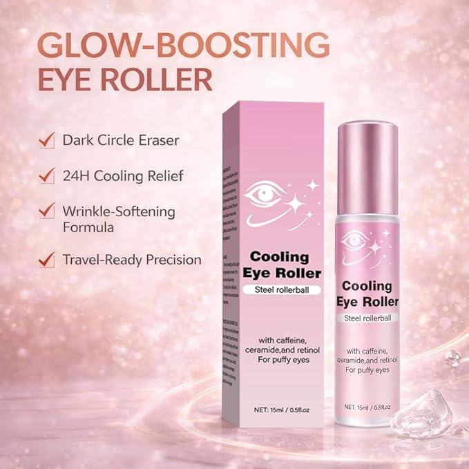 Under Eye Brightener with Cooling Metal Rollerball - Ceramide & Caffeine Eye Serum for Dark Circles and Puffiness Anti Aging, for Men/Women 15ml / 0.51floz (2Pcs) ﻿