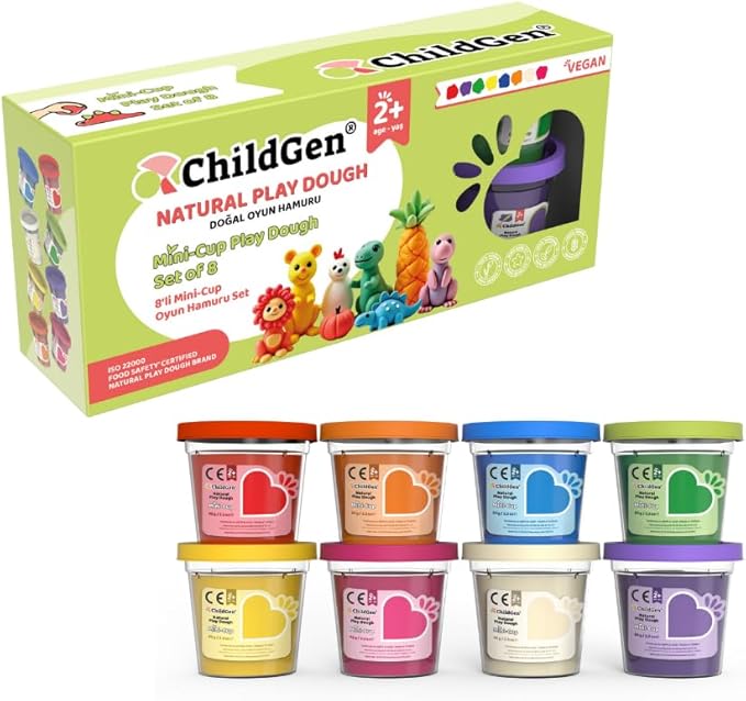 ChildGen Mini Cup Play Dough Set – 8 Pack, Non-Toxic, Natural Sensory Dough for Kids & Toddlers – Montessori Creative Play, Fine Motor Skills, Travel-Friendly Craft Set
