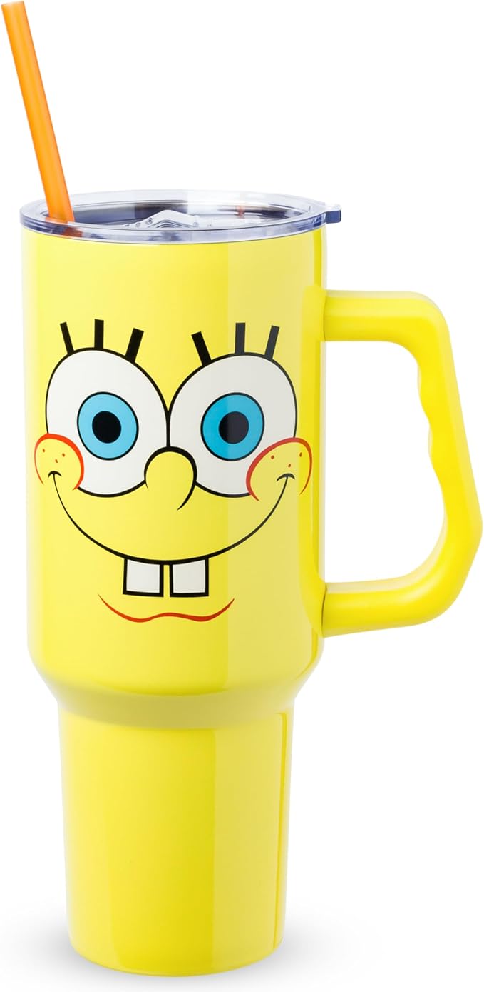 Silver Buffalo SpongeBob SquarePants Double Walled Stainless Steel Tumbler with Handle, Fits in Standard Cup Holder, 40 Ounces