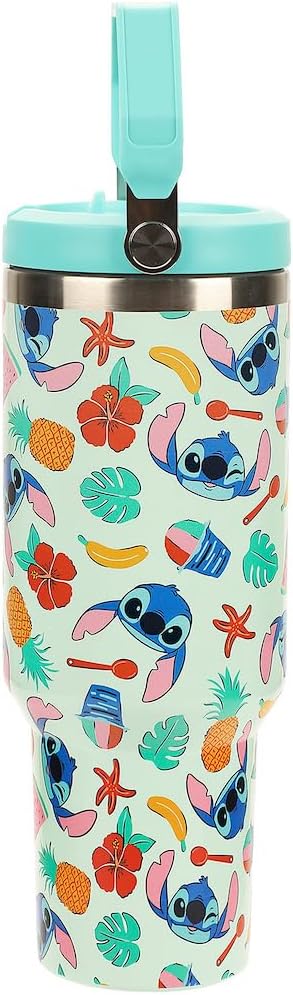 Bioworld Lilo & Stitch All-Over Tropical Stitch Print Blue 40 Oz Stainless Steel Water Bottle