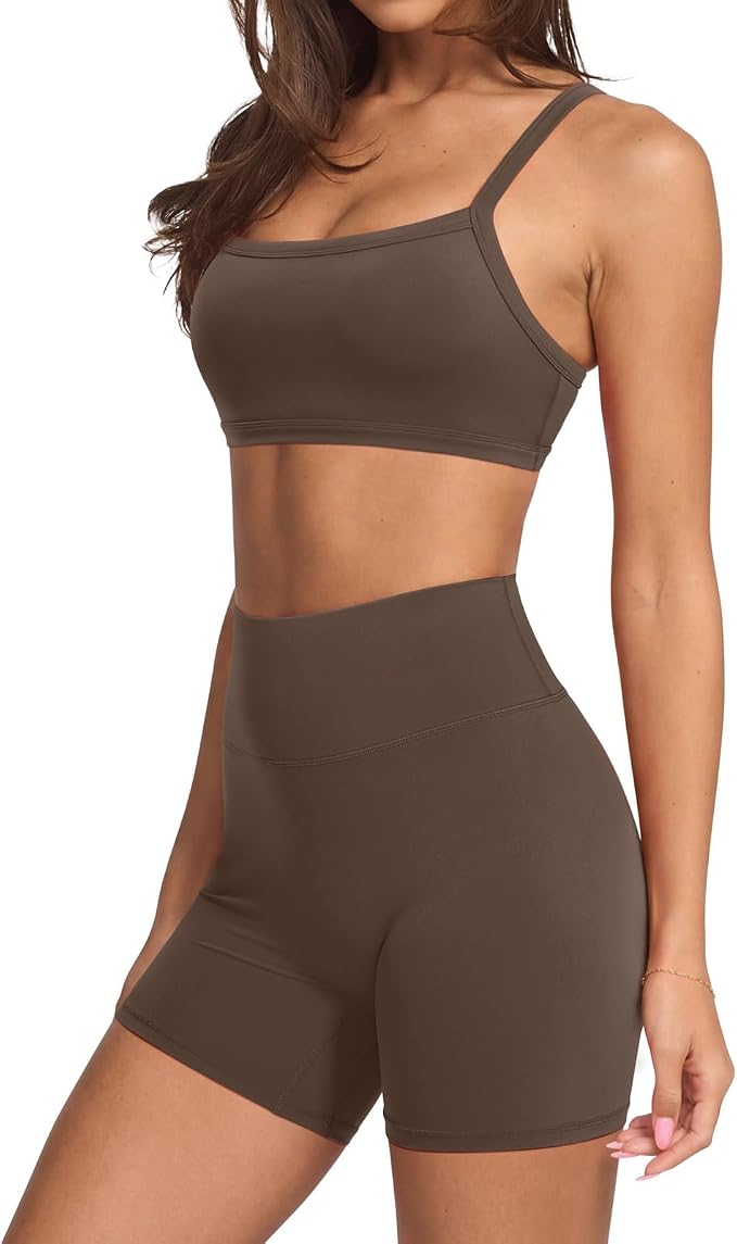 SUUKSESS Women Padded Workout Sets Adjustable Straps Sports Bra Tummy Control Biker Shorts