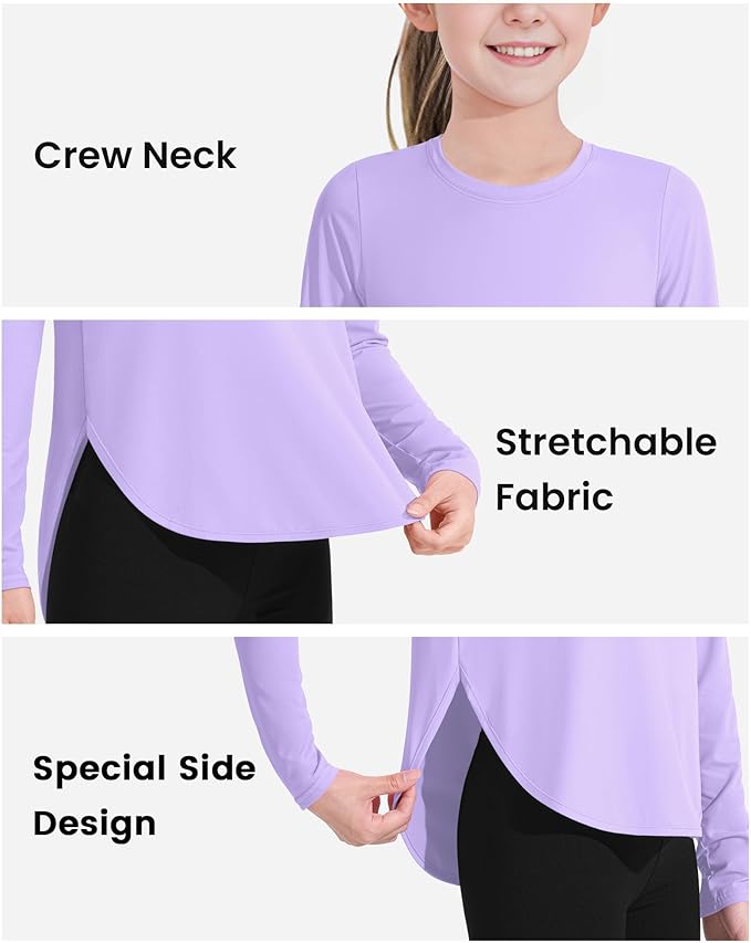 JOCMIC Girls Long Sleeve Shirts Kids Athletic Quick Dry UPF 50+ Sun Shirt Basic Tees for Gym Yoga Tops