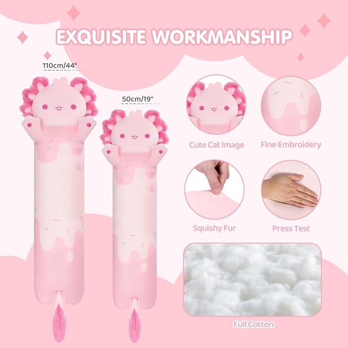 Long Axolotl Plush 5 Sizes, 120% Extra Filling Giant Plushness Kids Body Pillow, Kawaii Cute Pink Axolotl Stuffed Animals Plushies, Big Long Body Pillow Cat Plush Gift for Girls 20”