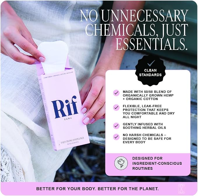 Organic Hemp Cotton Thong Liners 20 Count | Breathable Ultra Thin Panty Liners for Women | Plastic Free, Fragrance Free Daily Feminine Hygiene Protection for Light Flow
