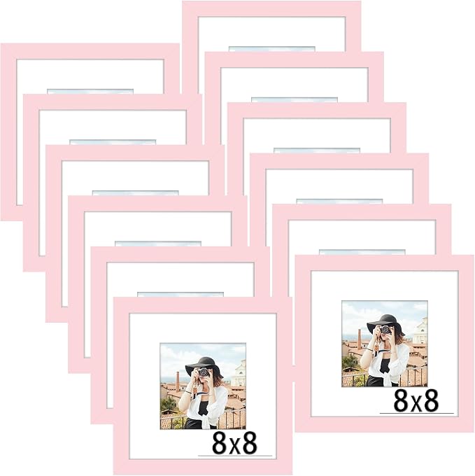 Picrit 8x8 Picture Frame Set of 12, Display 5x5 with Mat or 8 x 8 without Mat, Photo Frames for Wall Mounting or Table Top Display, Pink