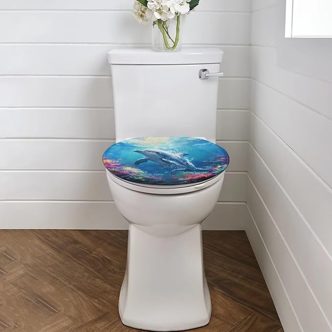 Dolphin Toilet Cover Set Blue Oblong Toilet Seat Cover Blue Toilet Seat Cover Cushioned Toilet Seat Toilet Lid Covers for Bathroom