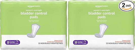 Amazon Basics Incontinence Pads for Women, Postpartum Pads, Bladder Control, Overnight Absorbency, Fresh Protection, Unscented, 30 Count (Pack of 2)