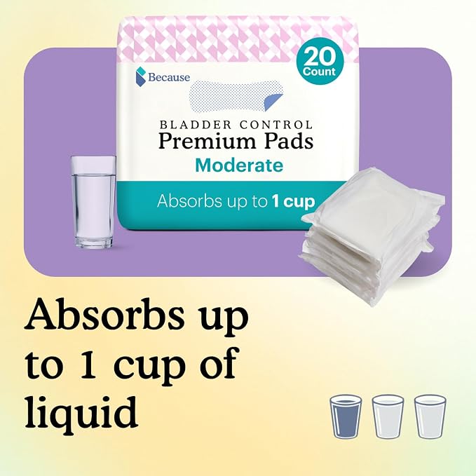 Because Premium Incontinence Pads for Women - Discreet, Individually Wrapped Liners - Moderate Absorbency, Ergonomic Design for Comfort, Leak Protection - 20 Count (Pack of 1)