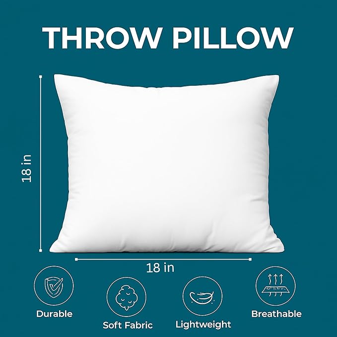 LANE LINEN 4 Pack 18x18 White Throw Pillow Inserts for Decorative Pillow Covers, Couch Pillows for Living Room, Fluffy Pillows for Bed | Solid White Inserts For Sofa Back Support - Fluffy Down Alternative Fill, Shape Retention, Everyday Home Decor Refresh