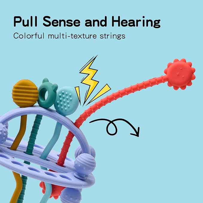 Food Grade Silicone Pull String Baby Toy, Montessori Pull String Sensory Toy for 18 Months Babies Teething Toys (Purple)