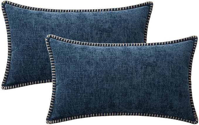 MIULEE Decorative Lumbar Throw Pillow Covers 12x20 Inch Dark Blue 2 Pack | Farmhouse Pillow Covers with Stitched Edge, Soft Chenille Cushion Cases, for Couch Sofa Bed Living Room Home Decor