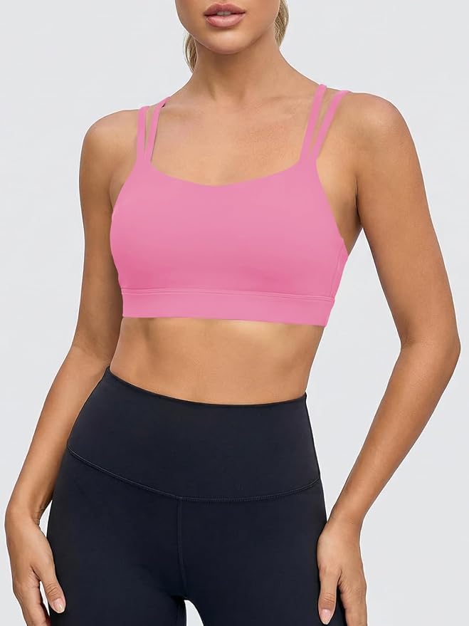 Aoysky Sports Bras for Women Buttery Soft Strappy Padded Sports Bra Double Spaghetti Straps Wireless Yoga Workout Crop Tops