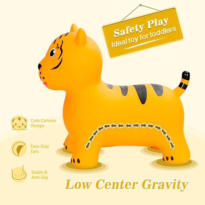 INPANY Bouncy Horse Tiger Hopper Toys, Toddlers Bouncing Zoo Animal Toys, Kid Hopping Bounce Buddies, Inflatable Ride on Rubber Bouncer, Outdoor Indoor Baby Birthday Gift for 2 3 4 Year Old Girl Boy