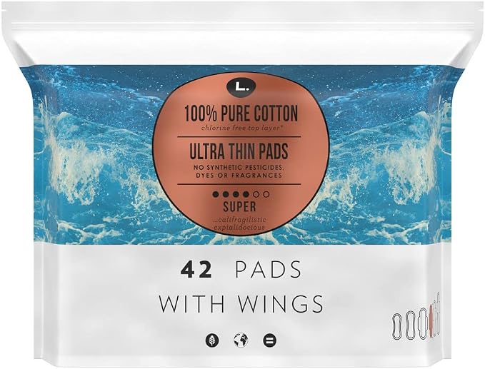 L. Ultra Thin Unscented Pads With Wings, Super Absorbency, 42 Ct, 100% Pure Cotton Chlorine Free Top Layer